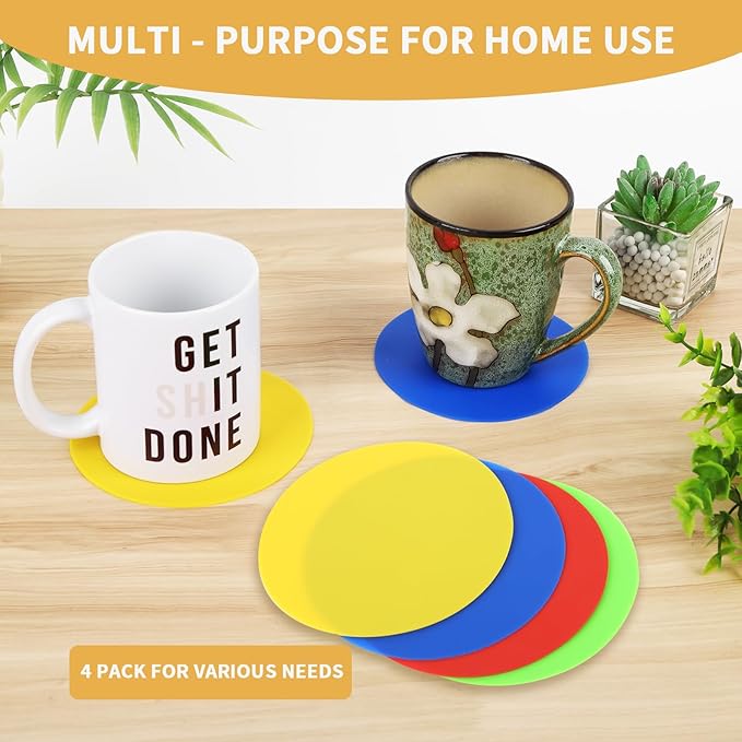 4-Pack Silicone Jar Opener Gripper Pads, 5 Inch Round Non-Slip Bottle Lid Opener for Easy Opening, Heat-Resistant Cup Coasters, Food-Grade Silicone, Reusable Kitchen Helper