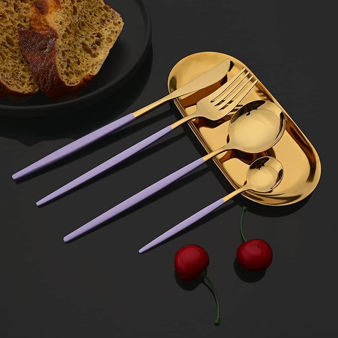 JASHII Flatware Set 24 Piece, Stainless Steel Silverware Set, Macaron Small Fresh Color Cutlery Set, Modern Elegant Tableware Set for Party, Christmas, Dinner (Purple Gold), Service for 6