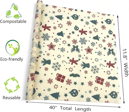 Organic Beeswax Wraps for Food-12 x 40" Reusable Beeswax Wraps Roll for Food Preservation & Storage Eco-Friendly Food Wraps Sustainable Food Storage Wraps for Cheese, Sandwich, Bread (Xmas)