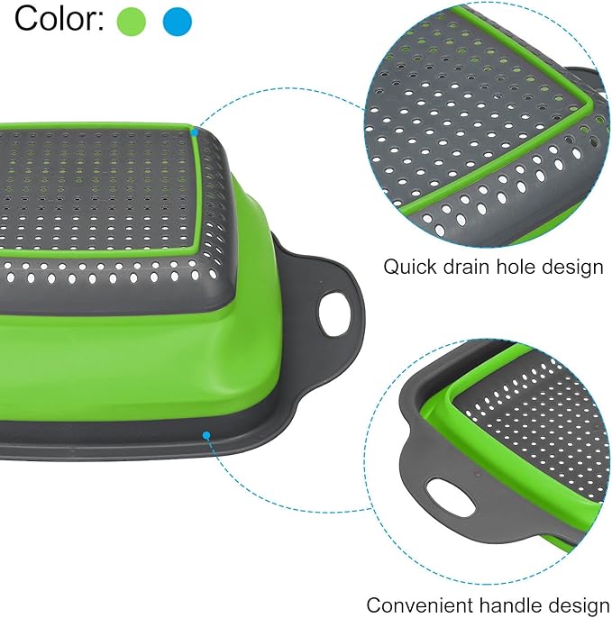 Collapsible Colander Set, 2pcs Silicone Square Foldable Strainer Space Saving Suitable for Pasta, Vegetables, Fruits - Blue Green Small