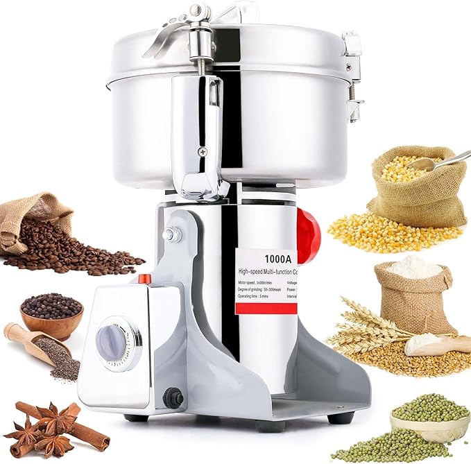 Electric Grain Mill Grinder 1000g Stainless Steel Pulverizer 36000r/min High-speed Grain Mill 2600W Dry Material Grinding Machine 270° swingable Superfine powder for Home and Commercial