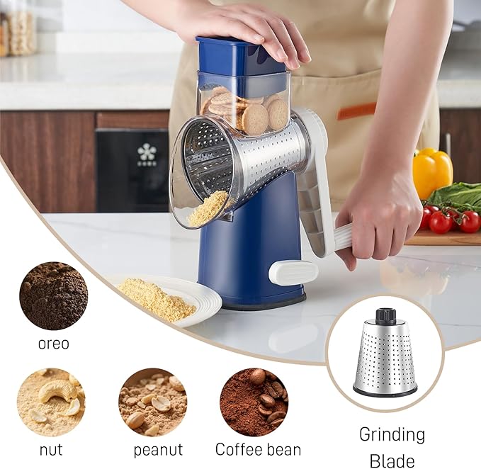 Rotary Cheese Grater with 4 Blades, Hand Crank Cheese Grater with Waffle Slicer, Black and White Cheese Slicer with Suction Base, Easier for Shredding& Grating (Blue, 4 Graters)