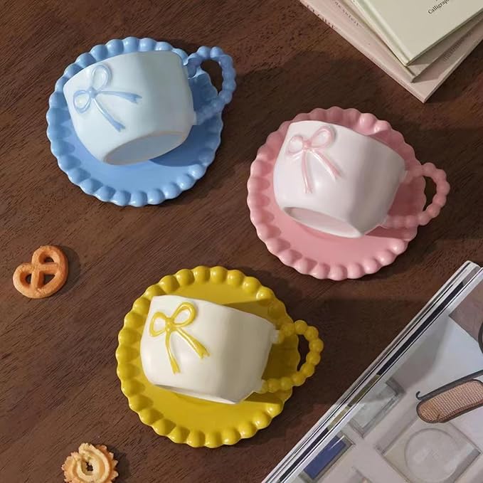 Bow Coffee Mug Blue Coquette Coffee Mugs Set with Saucer 12 OZ Porcelain Tea Cup Bow Cute Mug for Women Girl