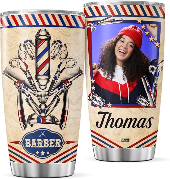 Personalized Photo Coffee Tumbler Barber Hair Stylist Travel Mug With Lid Custom Name Appreciation Birthday Gifts For Teens Men Boys Coworkers Insulated Cup Cold Steel Tumblers
