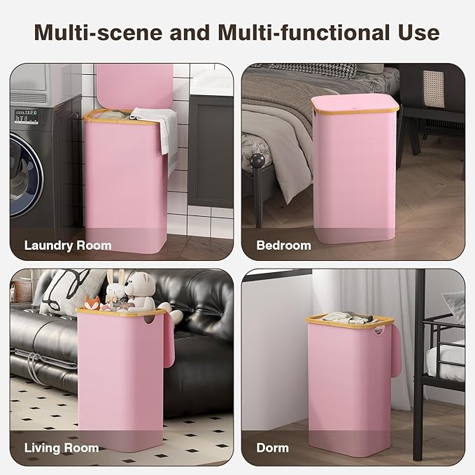 100L Laundry Hamper with Lid, Large Laundry Basket with Bamboo Handles, Clothes Hampers for Laundry with Removable Bag, Dirty Clothes Hampers for Bedroom Aesthetic, Pink