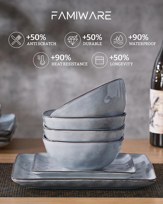 Famiware Dinnerware Sets for 8, Ocean Square 24-Piece Kitchen Plates and Bowls Sets, Microwave and Dishwasher Safe, Scratch Resistant, Grey
