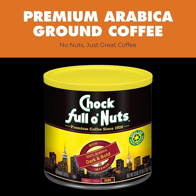 Chock Full o' Nuts Dark & Bold Ground Coffee – Premium Beans in Recyclable Steel Can – Rich Flavor & Aroma, Dark Roast – Perfect for Drip, Pour-Over, Percolator – 23 Oz Can