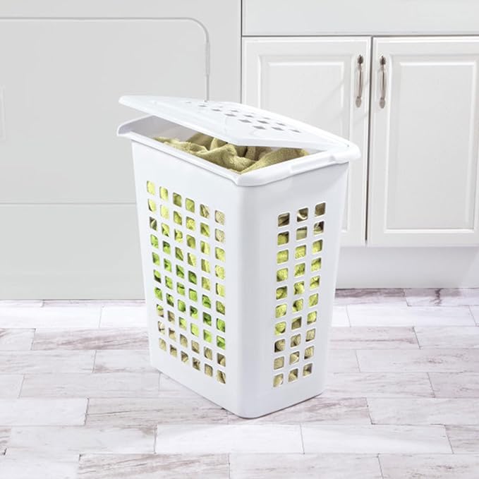 Sterilite Rectangular LiftTop Laundry Hamper with Lid, Handles to Easily Carry Clothes Between the Laundry Room and Bedroom, Plastic, White, 16-Pack