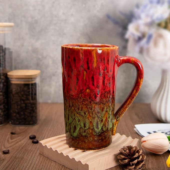 20oz Porcelain Coffee Mugs Set of 2, Large Tall Coffee Mugs with Handles, Modern Ceramic Coffee Cups for Coffee, Tea, Cocoa, Milk, Gifts for Women Men - Red & Green