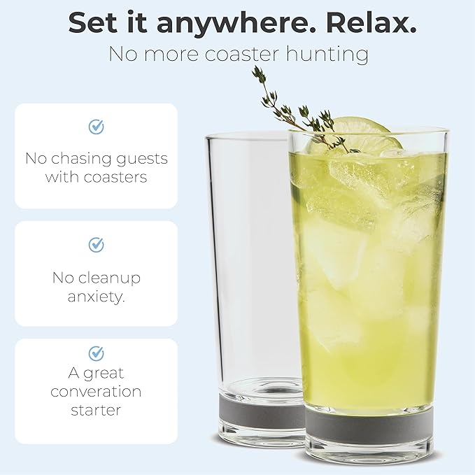 Coast Glassware The Tall – Patented Highball Drinking Glasses with Built-In Stone Coaster Base – Absorbent, Surface-Protecting Water & Cocktail Glasses – Premium Gift Pack (Set of 2) - 16 oz