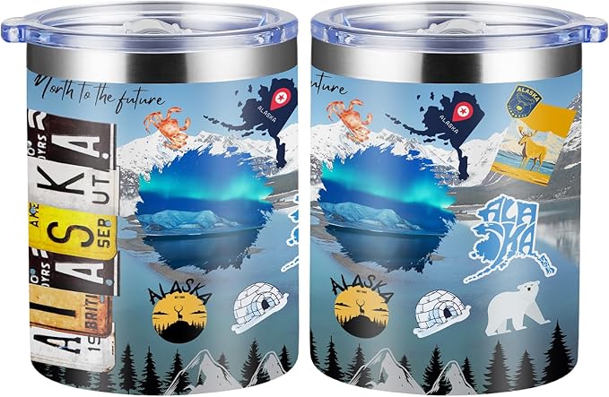 12oz Coffee Mug Alaska State Insulated Coffee Cups, United States Map Travel Mug Landmark, Birthday Gifts Cute Mugs with Lid and Straw Mothers Day Gifts