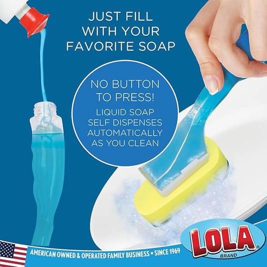 LOLA Dish Brush w/Soap Dispenser Wand, 12 Brushes w/Heads & 72 Refills, Absorbent Sponge Scrubber, No Leaking. Clean Dishes, Sinks and Cookware
