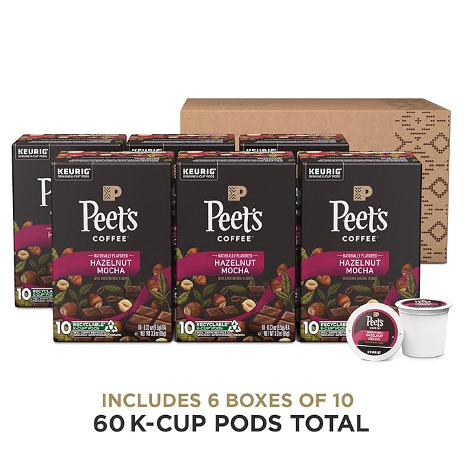 Peet's Coffee, Flavored Light Roast Keurig K-Cup Pods - Hazelnut Mocha 60 Count (6 Boxes of 10 K-Cup Pods)