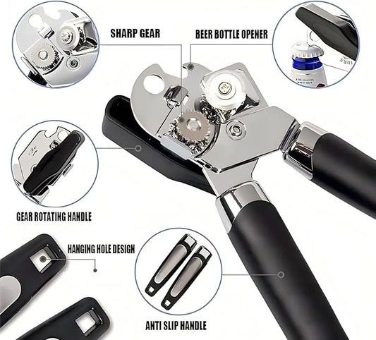 Safe Cut Can Opener with Wine Corkscrew 1 set of - Ergonomic Manual Can Opener, Food Grade Stainless Steel, Smooth Edge Cutting for Kitchen & Restaurant