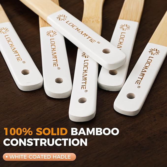 Bamboo Kitchen Utensils wooden spoons for cooking - 6 pcs White Spatulas and spoons