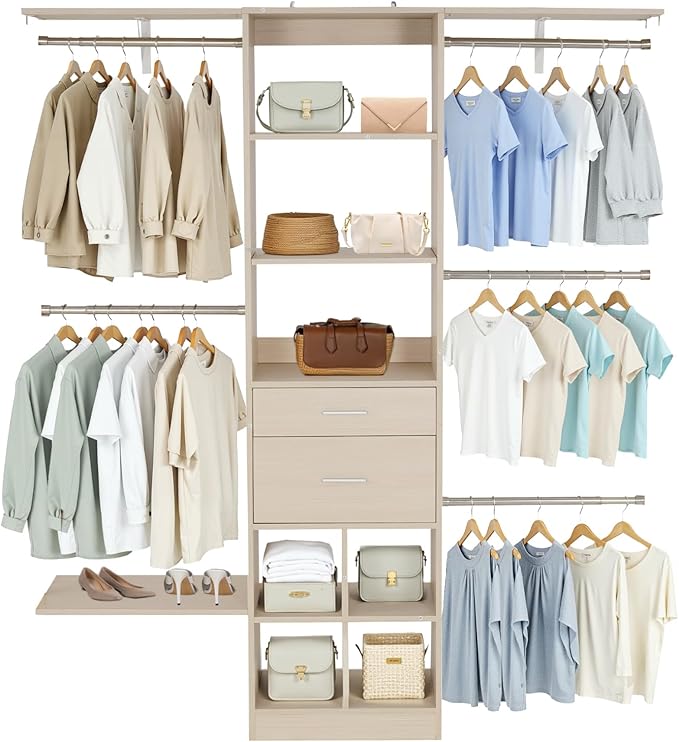 VEVOR Closet System with 2 Drawers, Adjustable Height Wooden Closet Organizers, Modern Walk-in Wardrobe Organization with 5 Retractable Clothes Hanger Rods, Freestanding Garment Rack Storage, Oak