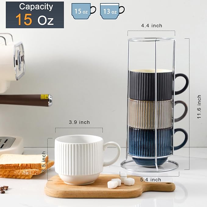Hasense Coffee Mug Set of 4 with Holder - 15 oz Stackable Large Ceramic Ribbed Latte Cup Set for Cappuccino, Tea, Hot Cocoa, Drinks - Dishwasher & Microwave Safe Multi color