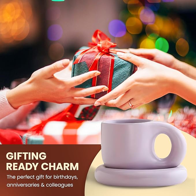 10oz Nordic Ceramic Coffee and Tea Mug – Cute Cup and Saucer Perfect for Coffee Lovers Gifts and Kitchen Essentials (Beige)
