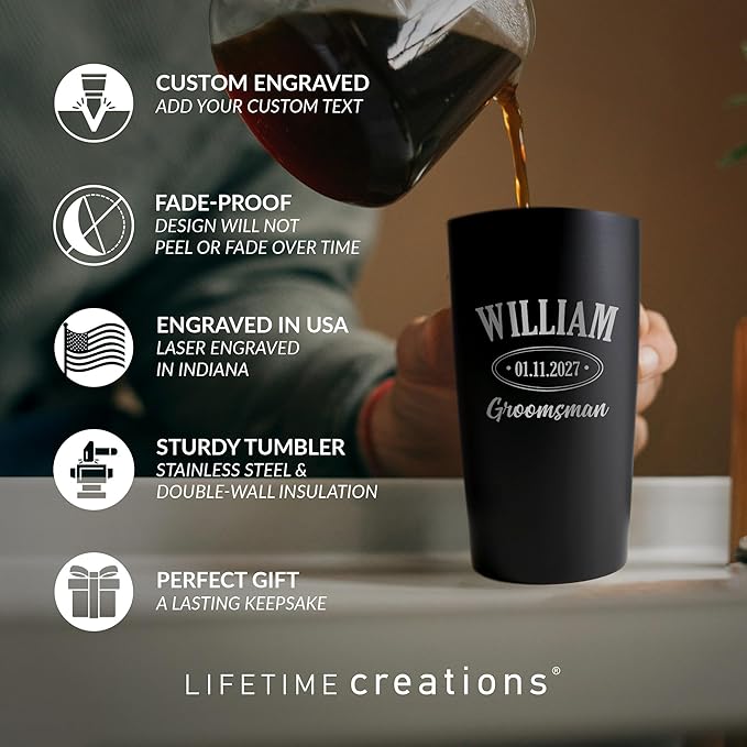 Lifetime Creations Engraved Personalized Groomsman Tumbler (Matte Black) 20 oz - Engraved Groomsman Stainless Steel Tumbler Coffee Travel Mug