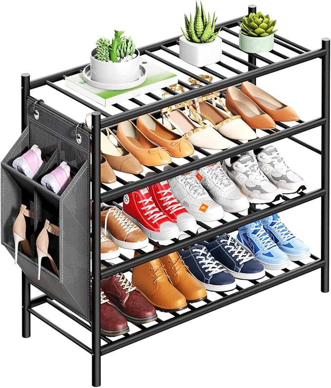 Bamboo Shoe Rack for Closet Small Wooden Shoe Organizer with Pouch, Sturdy Wood Shoe Shelf for Front Door Entrance Entryway and Outdoor, 26 inch Wide (Black, 4-Tier)