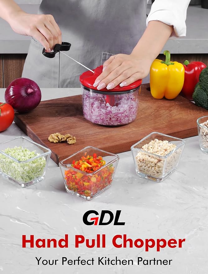 GDL Food Chopper, Pull Onion Chopper Dicer, Hand Powered Food Mincer, Fast Cutting Hand Chopper for Oinon, Garlic, Nut, 3.4 Cups 0.8L, Red