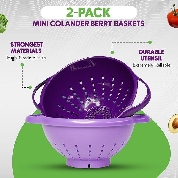Crisp 2-Piece Mini Colander Berry Baskets With Handles - Food Strainers For Kitchen - Small Colander For Berries, Strawberry & Grape - Dishwasher Safe Berry Strainer - Made in the USA - Purple