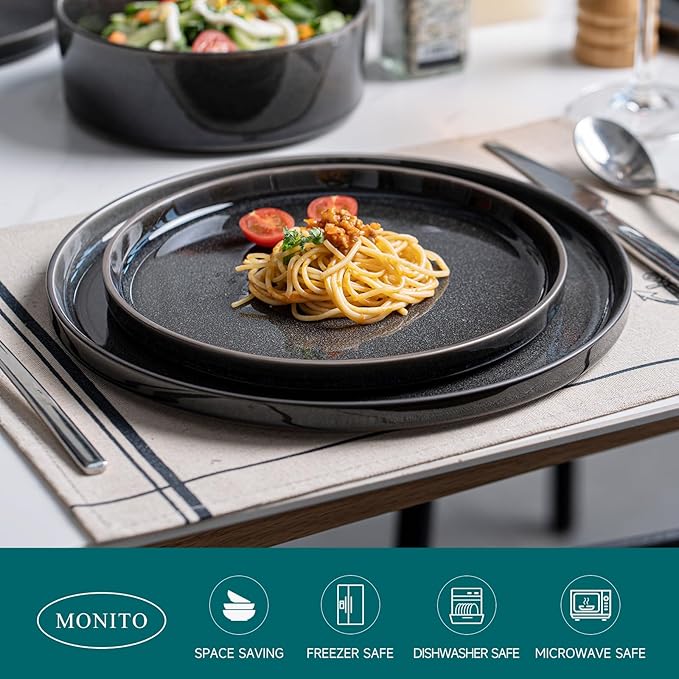 Stoneware Dinnerware Sets, Plates and Bowls Set for 4, 12-Piece Modern Stoneware Dinnerware – Chip Resistant, Non-Toxic, Dishwasher and Microwave Safe Tableware，Matte Black