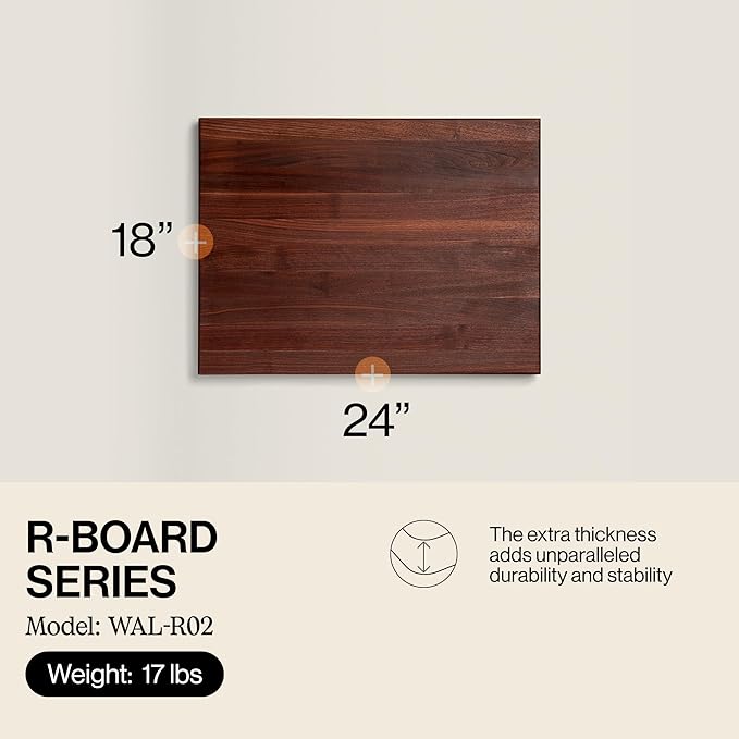 John Boos R-Board Series Rectangular Wooden Walnut Cutting Board 24”x18” – 1.5” Thick, 17-lb Reversible Butcher Block with Edge-Grain & Finger Grips – Made in the USA