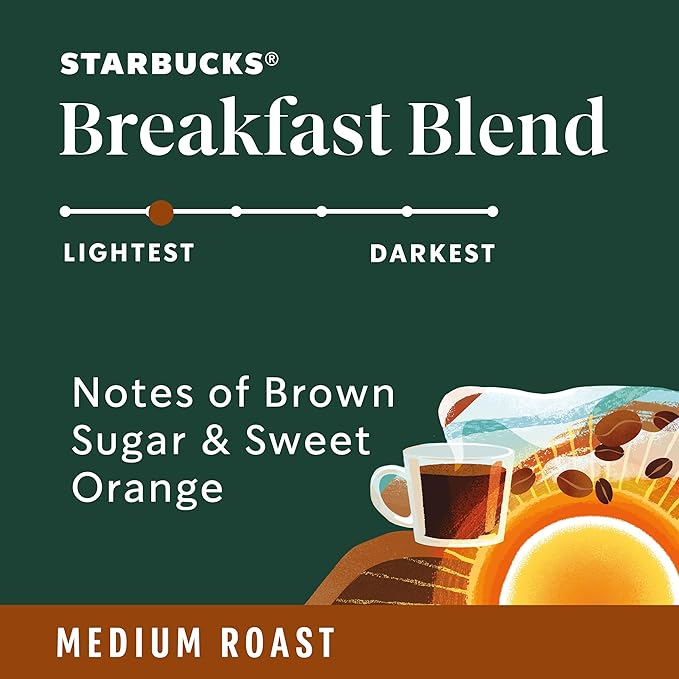 Starbucks K-Cup Coffee Pods, Medium Roast Hot or Iced Coffee, Breakfast Blend, 22 Keurig Pods