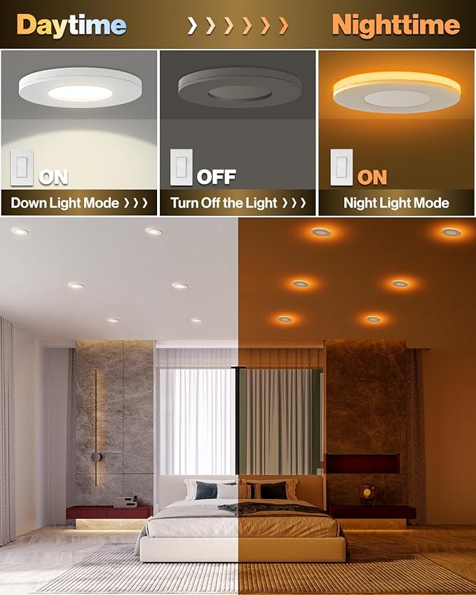 Sunco 6 Pack 3 Inch LED Slim Down Light with Night Light or Indoor Ceiling Fixture Home Living Room Bedroom, 500 Lumens, 6W (40W Equivalent), Selectable CCT 2700K/3000K/4000K/5000K/6000K, Dimmable