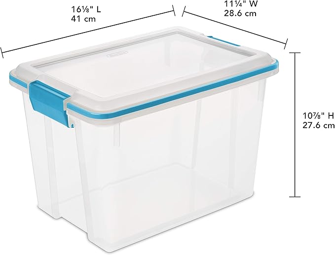 Sterilite 20 Qt Gasket Box, Stackable Storage Bin with Latching Lid and Tight Seal, Plastic Container to Organize Basement, Clear Base and Lid, 6-Pack