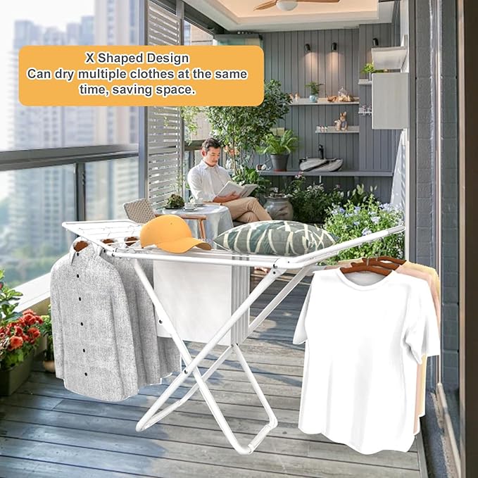 Diydeg Clothes Drying Rack, Foldable Portable Laundry Drying Rack with Height Adjustable Wings, Space Saving Heavy Duty Metal Clothes Hanger for Indoor Outdoor Use, Laundry Room
