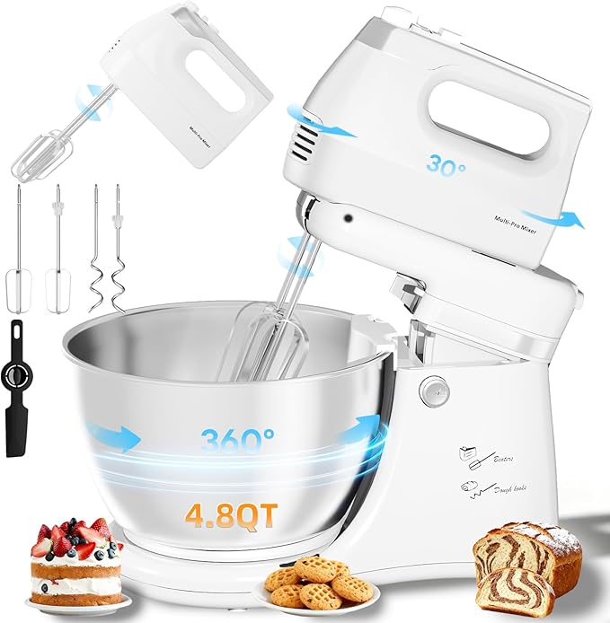 Stand Mixer Hand Mixer Electric Kitchen - 4.8 QT Smart Auto-Rotating Bowl & Beater Standing Mixer, 5-Speed Tilt-Head Household Mixer with Beaters & Dough Hooks for Baking,White