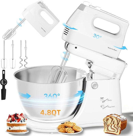 Stand Mixer Hand Mixer Electric Kitchen - 4.8 QT Smart Auto-Rotating Bowl & Beater Standing Mixer, 5-Speed Tilt-Head Household Mixer with Beaters & Dough Hooks for Baking,White