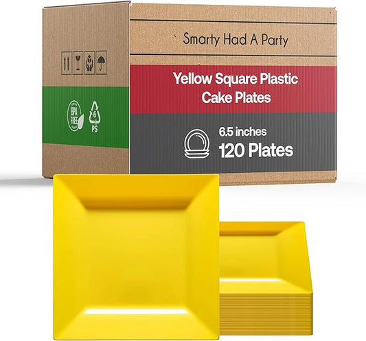 Smarty Had A Party 120 Disposable Plastic Dessert Plates, 6.5" Heavy Duty Square Yellow Salad Plates for Appetizers, Cakes, and Parties, Bulk Supplies for All Occasions