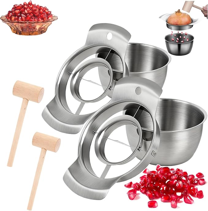 304 Stainless Steel Pomegranate Peeling Tool, Pomegranate Deseeder Tool, Pomegranates Peeler Deseeder, Includes Cutter Bowl and Wooden Hammer for Easy Deseeding, for Home Kitchen (2Sets)