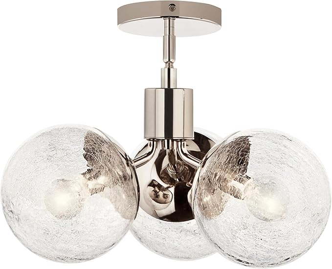 KICHLER Silvarious 3-Light Convertible Pendant, Soft Modern Light with Clear Crackled Glass in Polished Nickel, for Hallway, Dining Nook, Bedroom or Kitchen (9.5" x 16.5"), 52700PN