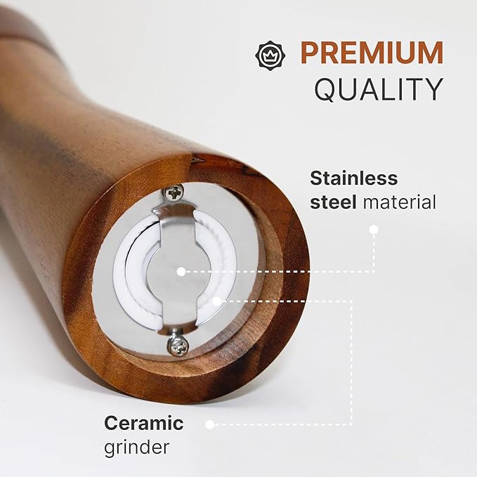 Acacia Wood Pepper and Salt Mill Grinder Set with Adjustable Ceramic Mechanism for Fine, Medium and Coarse Grinding (2 Pack)