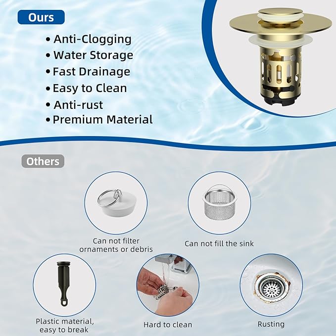 Hibbent 2 Pack Upgraded 3 in 1 Bathroom Sink Drain Strainer, Universal Pop Up Stopper with Removable Stainless Steel Filter Basket Hair Catcher, Sink Plug for 1.1''~2.36'' Basin, Brushed Gold
