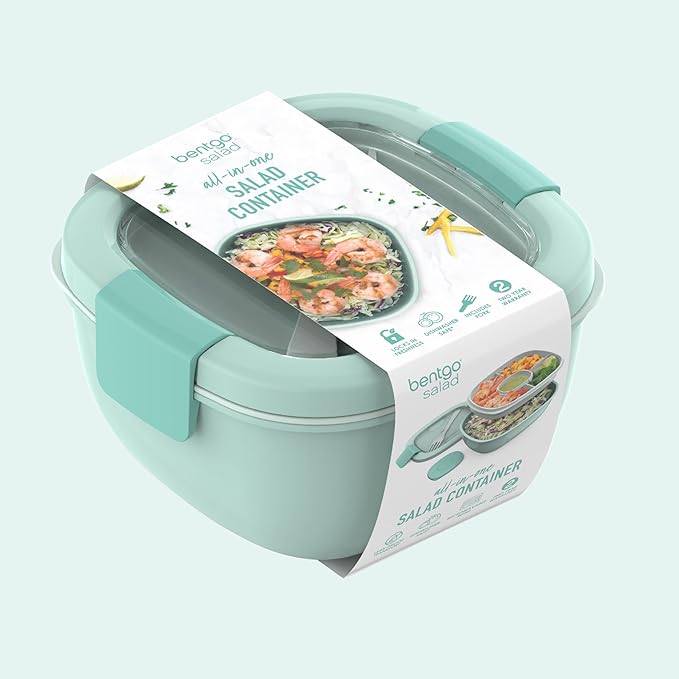 Bentgo Salad Container - 54 oz Bowl with 4-Compartment Toppings Tray, Leak-Proof Dressing Container, Reusable Fork, BPA-Free Lunch Box for Meal Prep & Food Storage; Removable Bento Tray (Coastal Aqua)