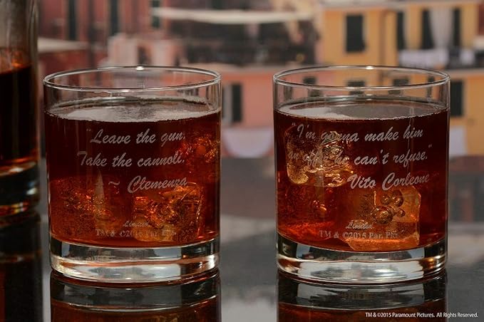 Official Godfather Etched Whiskey Glass Set - with Logo & 2 Unique Quotes - Premium Quality, Handcrafted Glassware, 11 oz. A Perfect Collectible Rocks Glass Set
