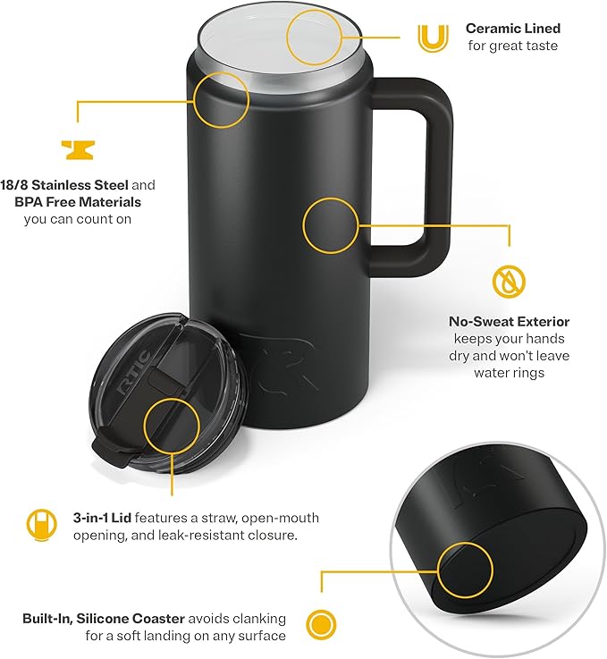 RTIC 64 oz Ceramic Lined Insulated Road Trip Tumbler, Leak-Resistant Lid, Black