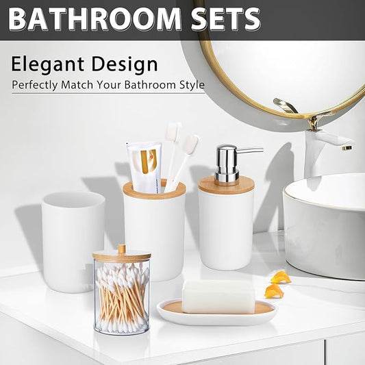 iMucci Bathroom Accessories Set 5Piece White Bathroom Sets, Toothbrush Holder, Toothbrush Cup, Lotion Soap Dispenser, Soap Dish and Qtip Holder Bathroom Decor