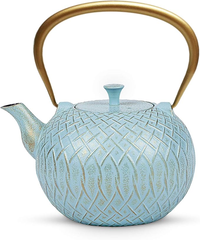 Tea Kettle, Toptier Japanese Cast Iron Tea Kettle for Stove Top, Stovetop Safe Teapot with Infusers for Loose Tea, 34 Ounce (1000 ml), Turquoise Melody