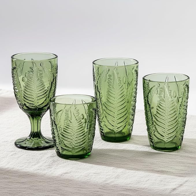 Green Glass Goblets Set of 4 – 10 oz Vintage Glassware Decorative Wine Glasses, Colored Cute Goblet Drinking Cups, Unique Textured Water Cup Sets, Colorful Aesthetic Pretty Drinkware & Christmas Gifts
