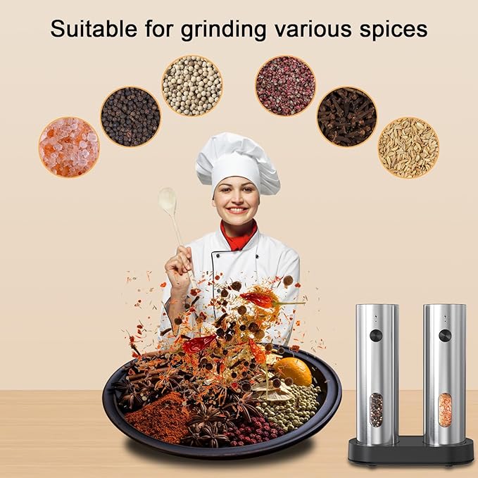 Electric Salt and Pepper Grinder Set with Charging Base,Stainless Steel Automatic Pepper Grinder Set Top-Refill,Flexible Coarsenes,110ml Larger Capacity with LED Light for Home Kitchen (2 pack)