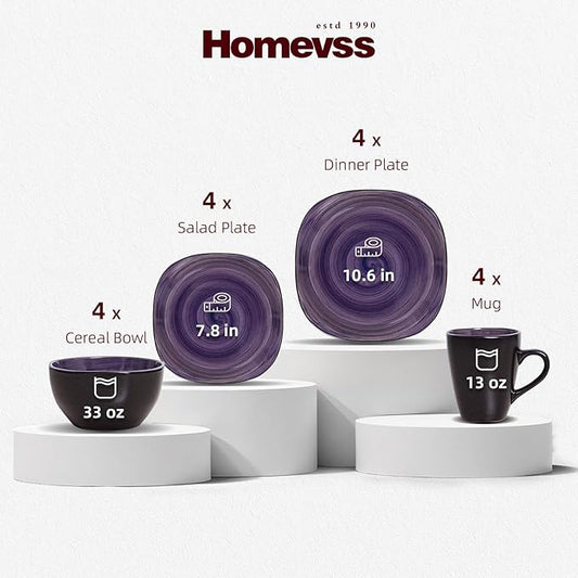 16-Piece Square Dinnerware Set - Serves 4, Inside Spinwash Swirl Purple + Outside Black Plates & Bowls Set | Microwave & Dishwasher Safe