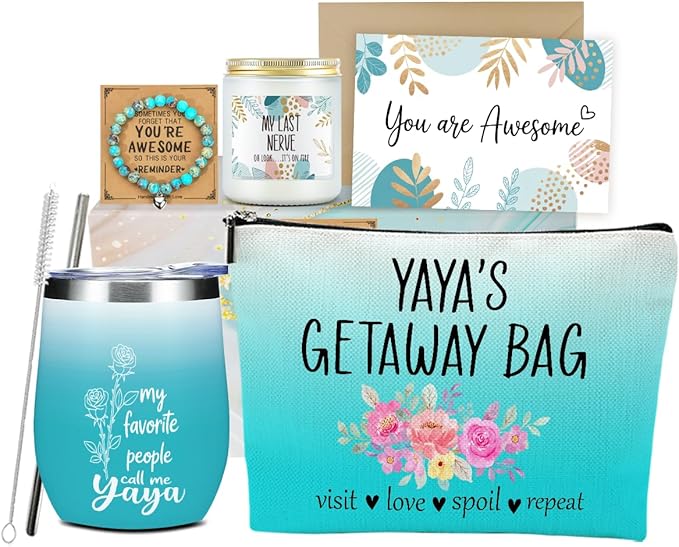 Yaya Grandma Gifts,Grandma Birthday Gifts, Funny Christmas Appreciation Thank You Gift for Women Grandmother Nana Mimi Mothers Day Wine Tumbler Makeup Bag Bracelet Scented Candle Set with Gift Box