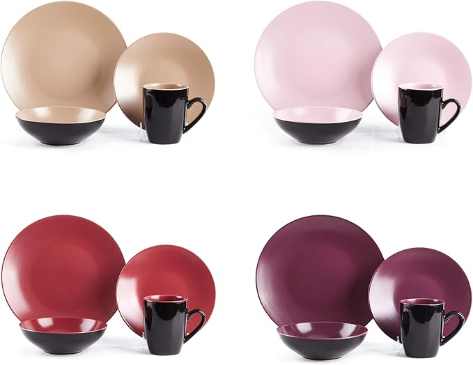 Colors Life 16pc Dinnerware Set，Very Berry - 4 Assorted Colors Beige, Berry, Plum, and Rose