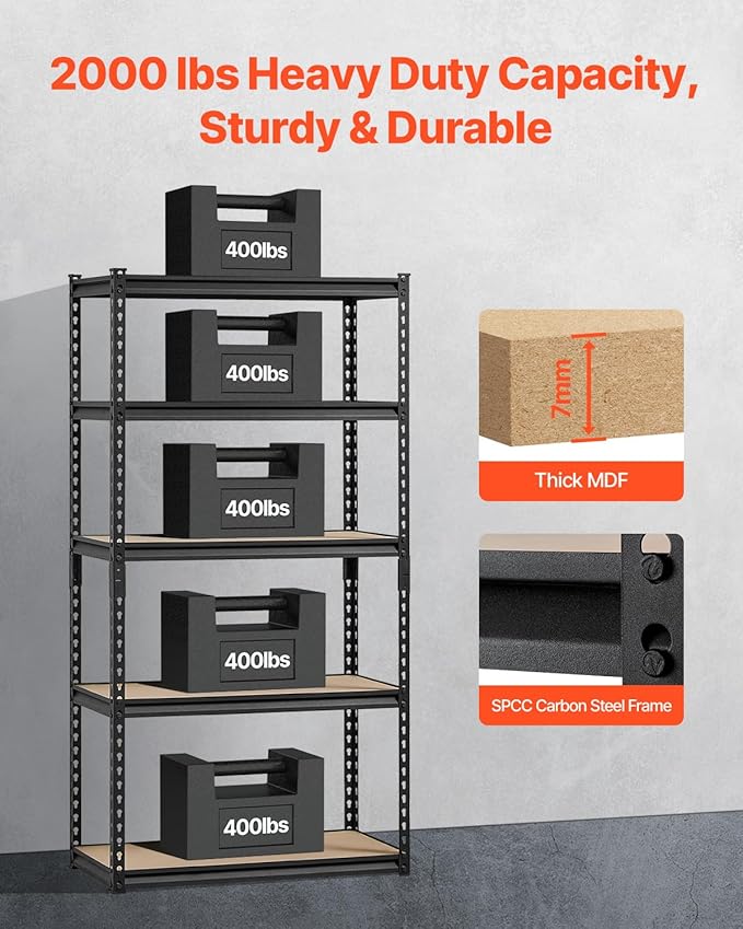 VEVOR Storage Shelves, 2000 lbs, 5 Tier Garage Storage Shelving, 16" D x 32" W x 62.8" H Adjustable Metal Shelves for Garage Shelves Utility Rack Shelf, Ideal for Kitchen, Warehouse, Basement, Black